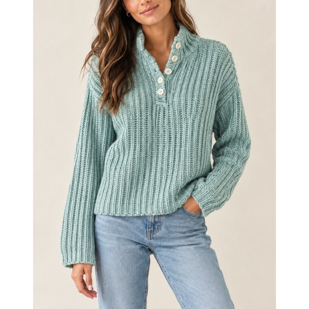 Rouje Ribbed Knit Button Mock Neck Chunky Sweater in Blue sz 34 (US 2)